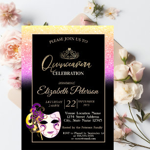 Invitation Paillettes Bokeh, Diadème, Mascarade Quinceañera