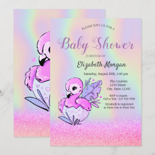 Invitation Paillettes Bokeh, Flamant Rose, Baby Shower Hologr