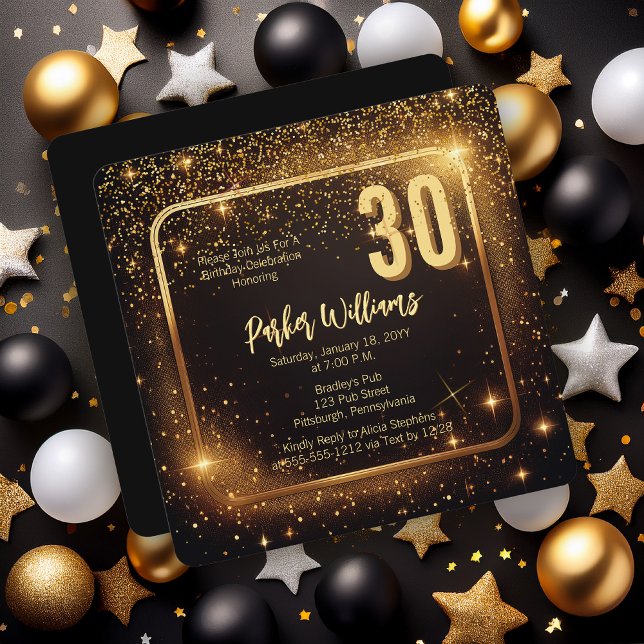 Invitation Paillettes Brillantes | Étoiles Or 30e Anniversair (Glitzy Sparkles Black and Gold Tone Modern Elegant 30th Birthday Party Square Invitation )