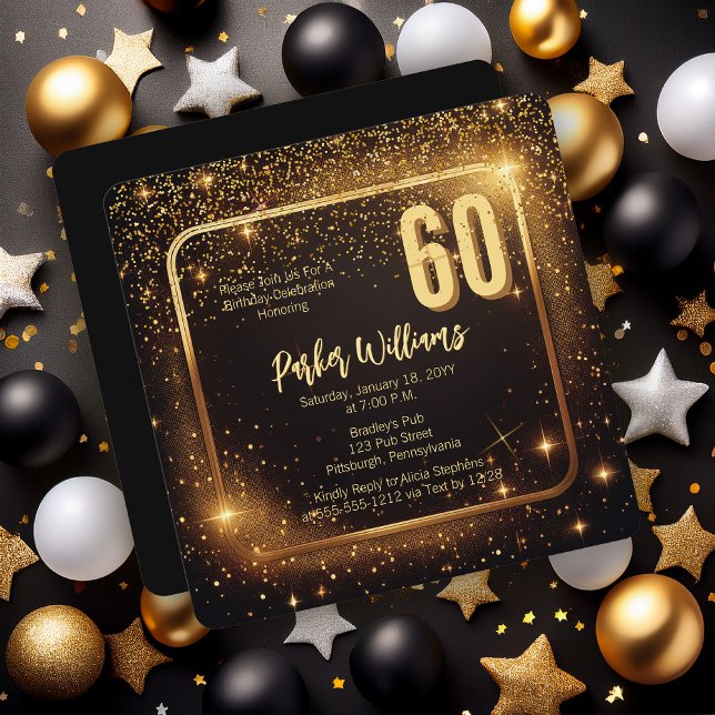 Invitation Paillettes Brillantes | Étoiles Or 60e Anniversair (Glitzy Sparkles Black and Gold Tone Modern Elegant 60th Birthday Party Square Invitation )