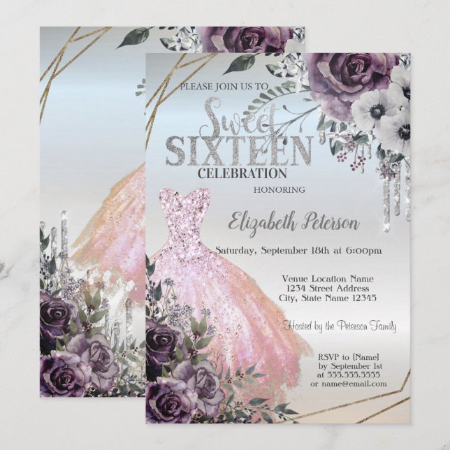 Invitation Paillettes chic gouttes, Fleurs de robe Douce 16 a (Devant / Derrière)