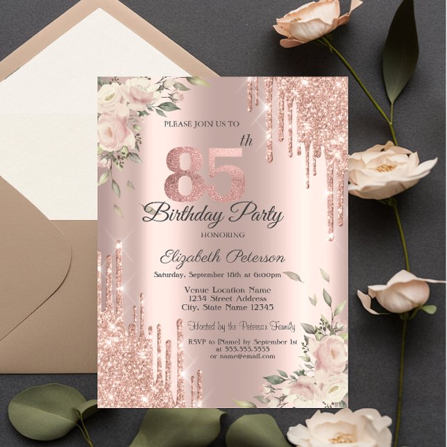 Invitation Paillettes Chic Gouttes,Fleurs Rose Or 85e Anniver (Créateur téléchargé)