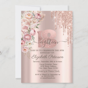 Invitation Paillettes Chic qui Coulent, Roses Rose Gold 18ème