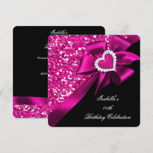 Invitation Paillettes Cœur Rose Chaud Nœud Noir Fête d'annive