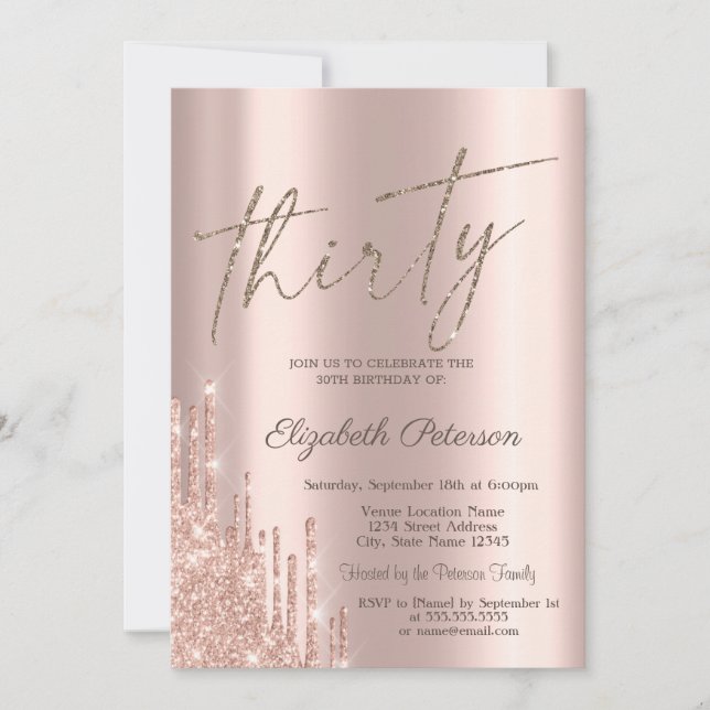 Invitation Paillettes Cool Chic Gouttes Rose Gold 30e Anniver (Devant)