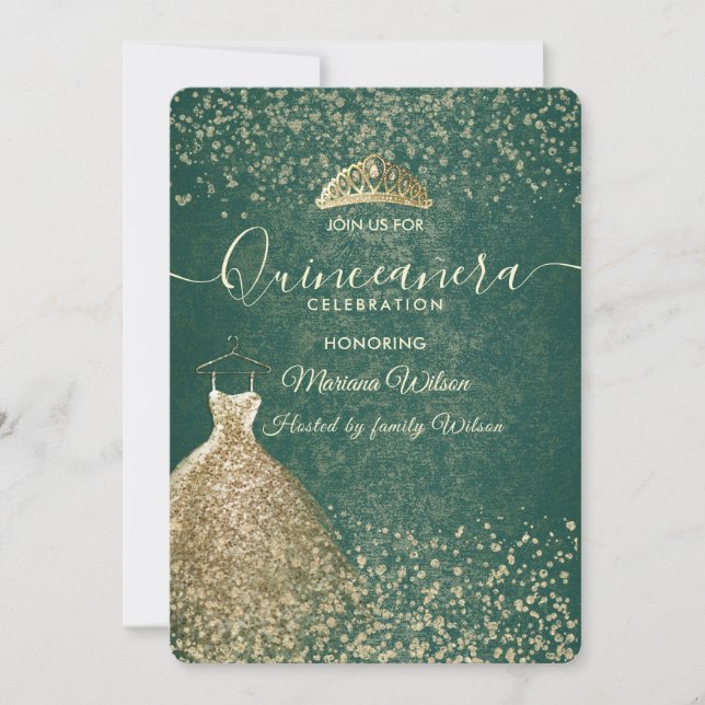 Invitation Paillettes cool vert or robe tiara Quinceañera (Devant)