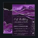 Invitation Paillettes d'agate violettes et argentées pour 21e<br><div class="desc">Des couches d'agate violette vibrante balaient le design avec des bandes de pierres précieuses naturelles, accentuées par des bords scintillants à paillettes d'argent pour une finition glamour qui capte la lumière. Une typographie élégante combine un script manuscrit chic avec des détails serif gras, créant un look sophistiqué et festif. Parfait...</div>