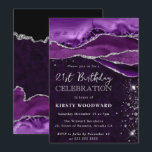 Invitation Paillettes d'agate violettes et argentées pour 21e<br><div class="desc">Des couches d'agate violette vibrante balaient le design avec des bandes de pierres précieuses naturelles, accentuées par des bords scintillants à paillettes d'argent pour une finition glamour qui capte la lumière. Une typographie élégante combine un script manuscrit chic avec des détails serif gras, créant un look sophistiqué et festif. Parfait...</div>