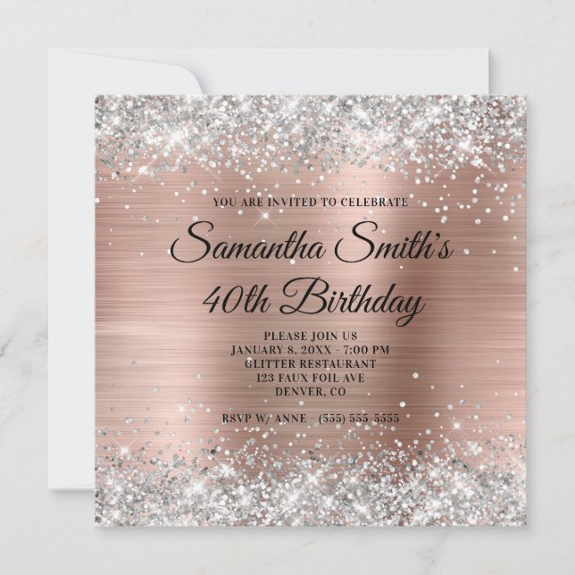 Invitation Paillettes d'argent et feuille d'or rose pour les  (Devant)