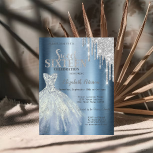 Invitation Paillettes d'argent qui coulent, Robe bleue métall