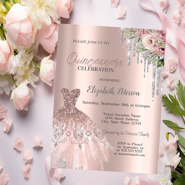 Invitation Paillettes d'argent qui gouttent,Fleurs de robe Qu (Créateur téléchargé)
