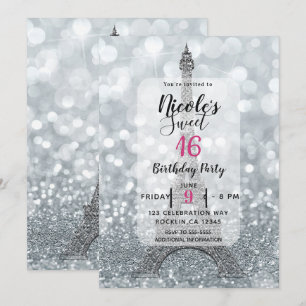 Invitation Paillettes d'argent scintillantes tour Eiffel fête