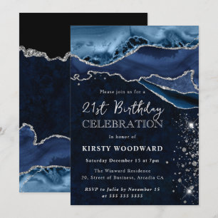 Invitation Paillettes de bleu et d'argent Agate 21e anniversa