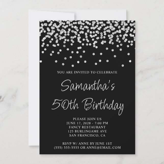 Invitation Paillettes de confettis argentés noirs 50e anniver (Devant)