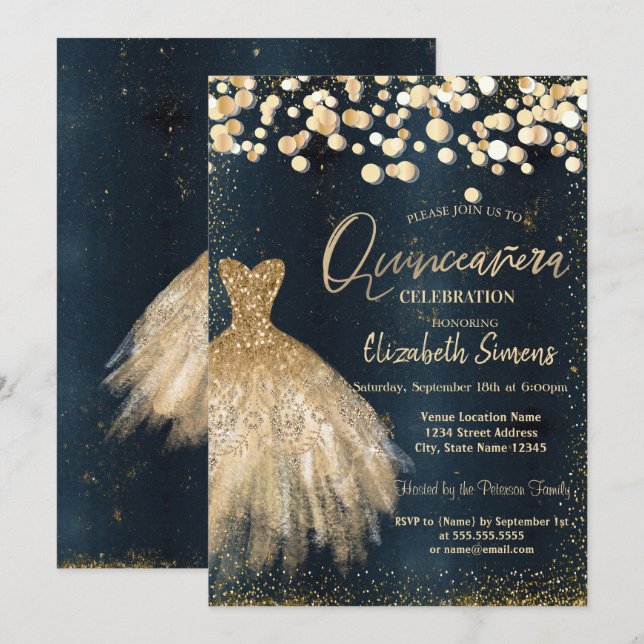 Invitation Paillettes de confettis dorés, Robe de Quinceañera (Devant / Derrière)