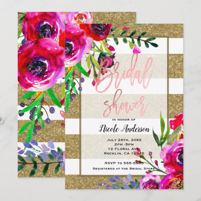 Invitation Paillettes de feuille d'or en rayure florale audac (Devant / Derrière)
