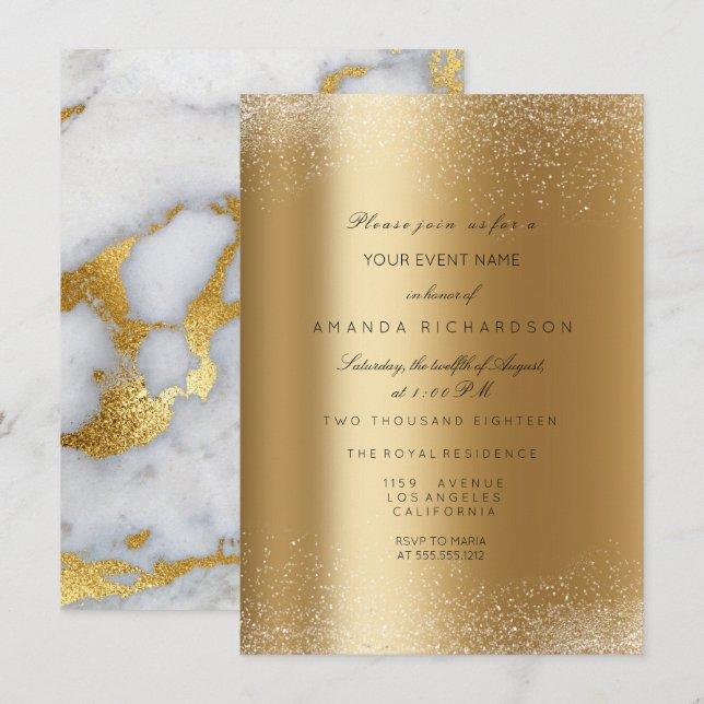 Invitation Paillettes de métal doré Spark Sable Formel Marbre (Devant / Derrière)
