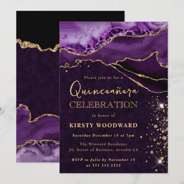 Invitation Paillettes de Quartz Agate Violet et Or pour Quinc (Devant / Derrière)