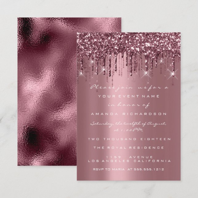 Invitation Paillettes de rose de mariage de gouttes de 16e (Devant / Derrière)