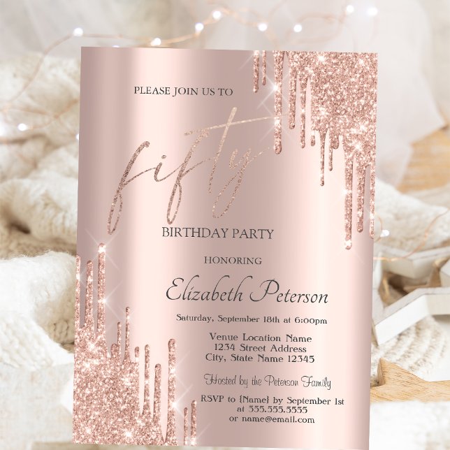 Invitation Paillettes de rose doré Cool Gouttes 50e Anniversa (Créateur téléchargé)