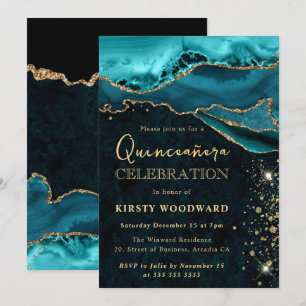 Invitation Paillettes de sarcelle et d'or Agate Quinceanera