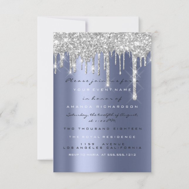 Invitation Paillettes de Spark Glitter gouttes argent bleu ma (Devant)