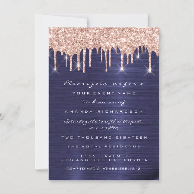 Invitation Paillettes de Spark Rose Bleu Marine 16e Mariage (Devant)