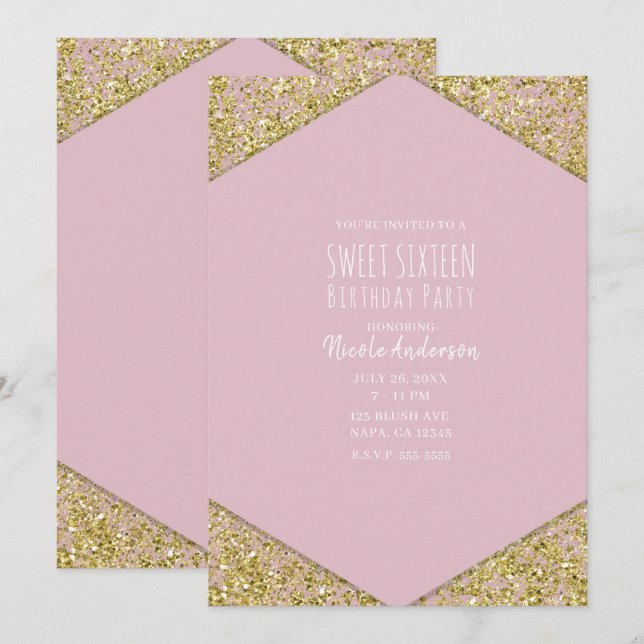 Invitation Paillettes de strass rose doré pour une fête glamo (Devant / Derrière)