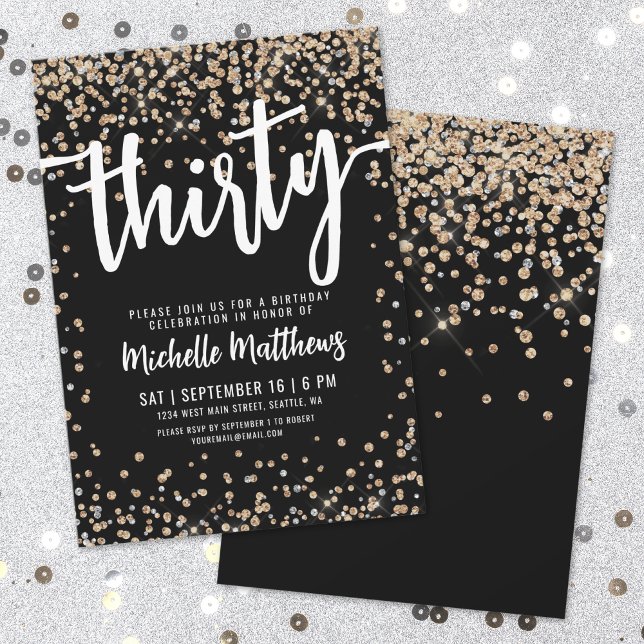 Invitation Paillettes d'Or Noir 30e Anniversaire (Black Gold Glitter 30th Birthday Invitation)