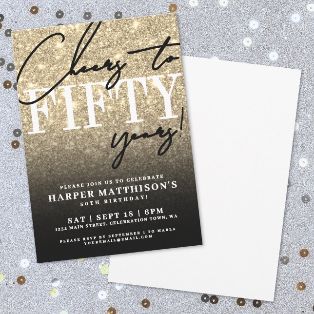 Invitation Paillettes d'Or Noir 50e Anniversaire (Black Gold Glitter 50th Birthday Invitation)