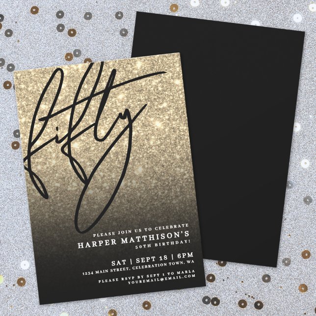 Invitation Paillettes d'Or Noir 50e Anniversaire (Black Gold Glitter 50th Birthday Invitation)