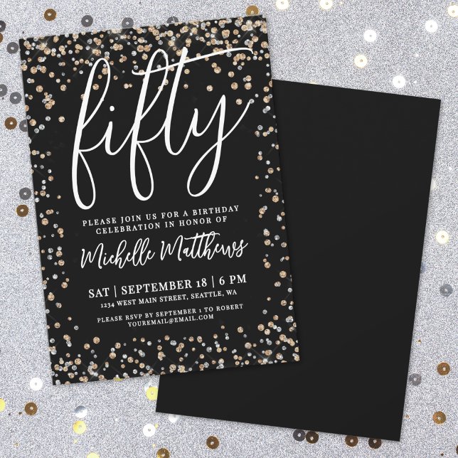 Invitation Paillettes d'Or Noir 50e Anniversaire (Black Gold Glitter 50th Birthday Invitation)