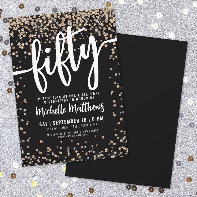 Invitation Paillettes d'Or Noir 50e Anniversaire (Black Gold Glitter 50th Birthday Invitation)