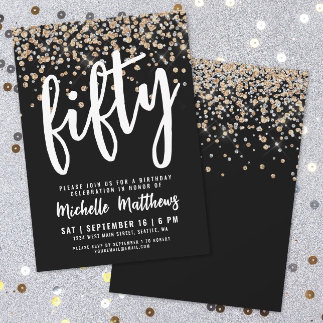 Invitation Paillettes d'Or Noir 50e Anniversaire (Black Gold Glitter 50th Birthday Invitation )