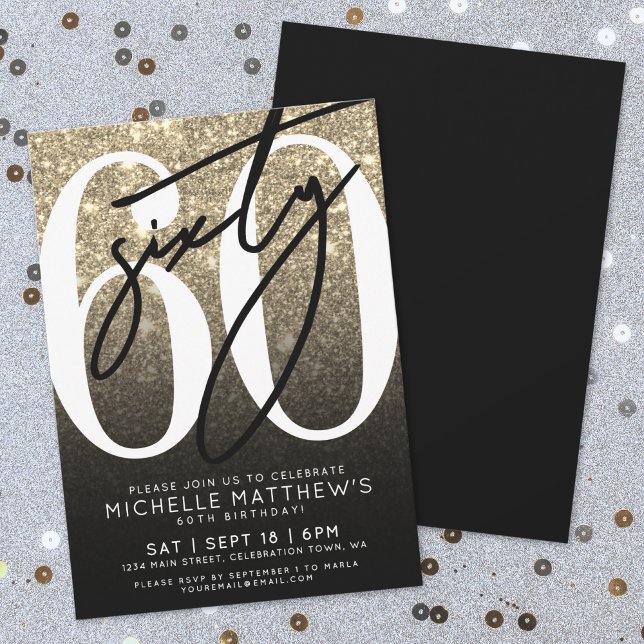 Invitation Paillettes d'Or Noir 60e Anniversaire (Black Gold Glitter 60th Birthday Invitation)