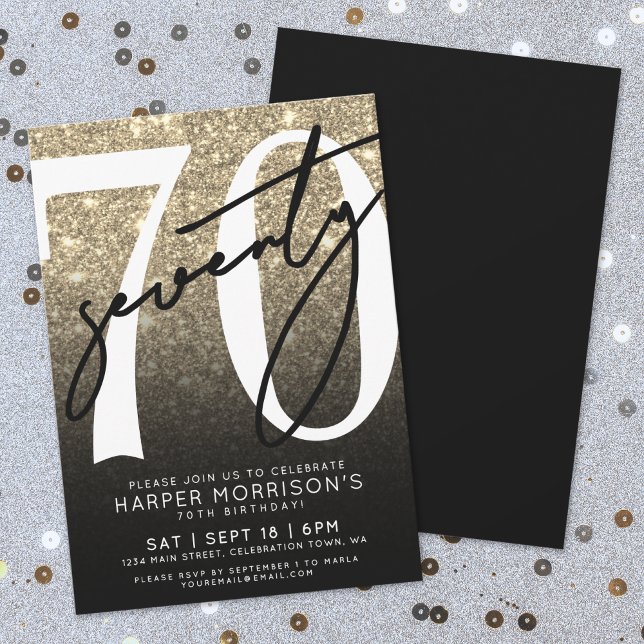 Invitation Paillettes d'Or Noir 70e Anniversaire (Black Gold Glitter 70th Birthday Invitation)