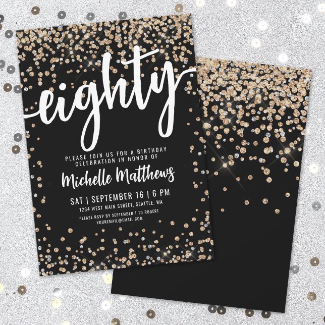 Invitation Paillettes d'Or Noir 80e Anniversaire (Black Gold Glitter 80th Birthday Invitation)