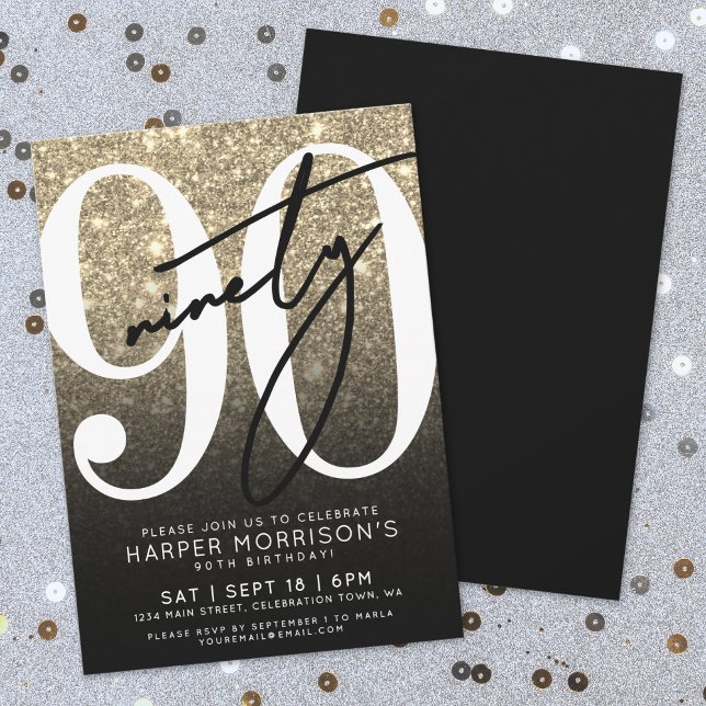 Invitation Paillettes d'Or Noir 90e Anniversaire (Black Gold Glitter 90th Birthday Invitation)