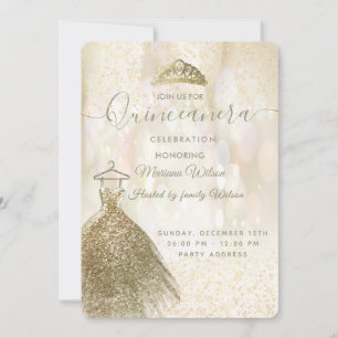 Invitation Paillettes d'or robe bokeh tiara Quinceañera