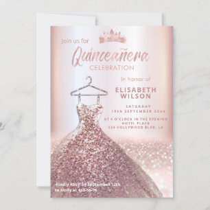 Invitation Paillettes d'or rose robe tiara Quinceañera