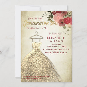 Invitation Paillettes d'or vintage Floral robe Quinceañera
