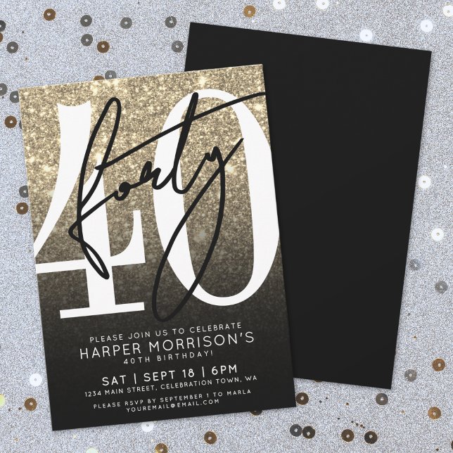 Invitation Paillettes Dorées 40e Anniversaire (Rose Gold Pink Glitter 40th Birthday Invitation)