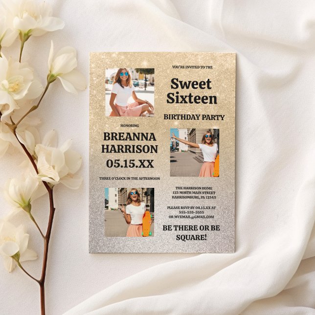 Invitation Paillettes dorées argentées de luxe dégradé Photo  (Luxury gold silver glitter gradient Photo Sweet 16)