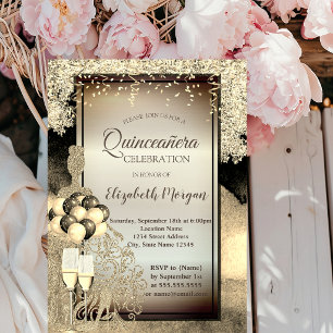 Invitation Paillettes dorées,Ballons,Talon haut Quinceanera