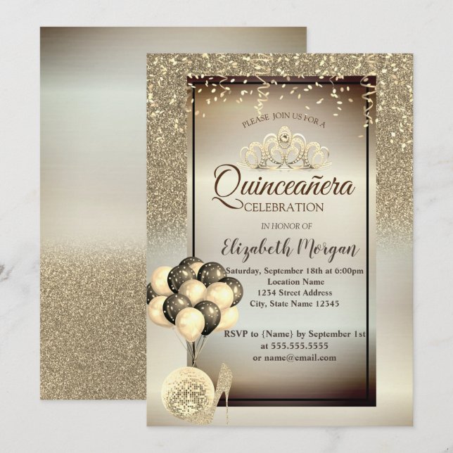 Invitation Paillettes dorées, ballons, talons hauts, Tiara Qu (Devant / Derrière)