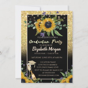 Invitation Paillettes dorées Bokeh, Vin, Verre, Tournesols