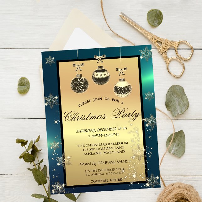 Invitation Paillettes dorées, Boules de Noël Vertes Fête d'en (Créateur téléchargé)