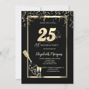 Invitation Paillettes dorées, Bouteille de verre à vin 25e an