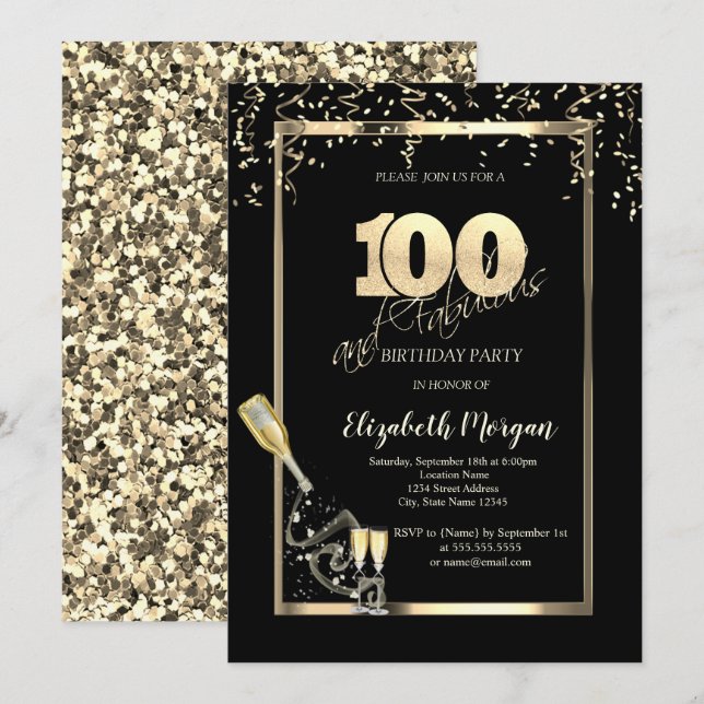 Invitation Paillettes dorées, Bouteille de vin 100e anniversa (Devant / Derrière)