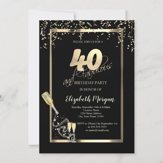 Invitation Paillettes dorées, Bouteille de vin 40e anniversai (Devant)